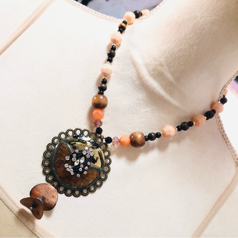 Handcrafted repurpose filigree rhinestone cluster medallion necklace